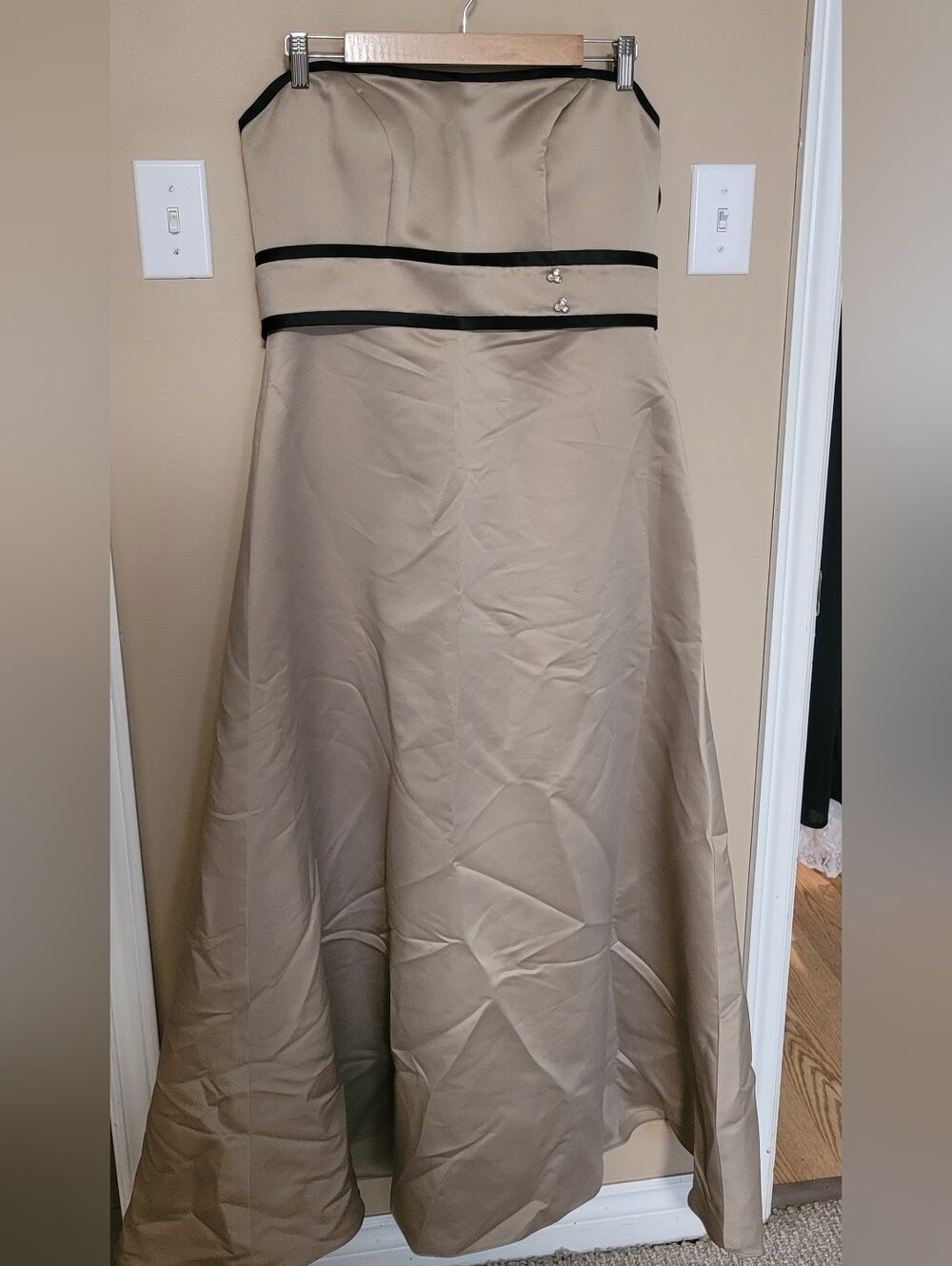 Strapless Taupe Briadsmaid Dress with Black Trim